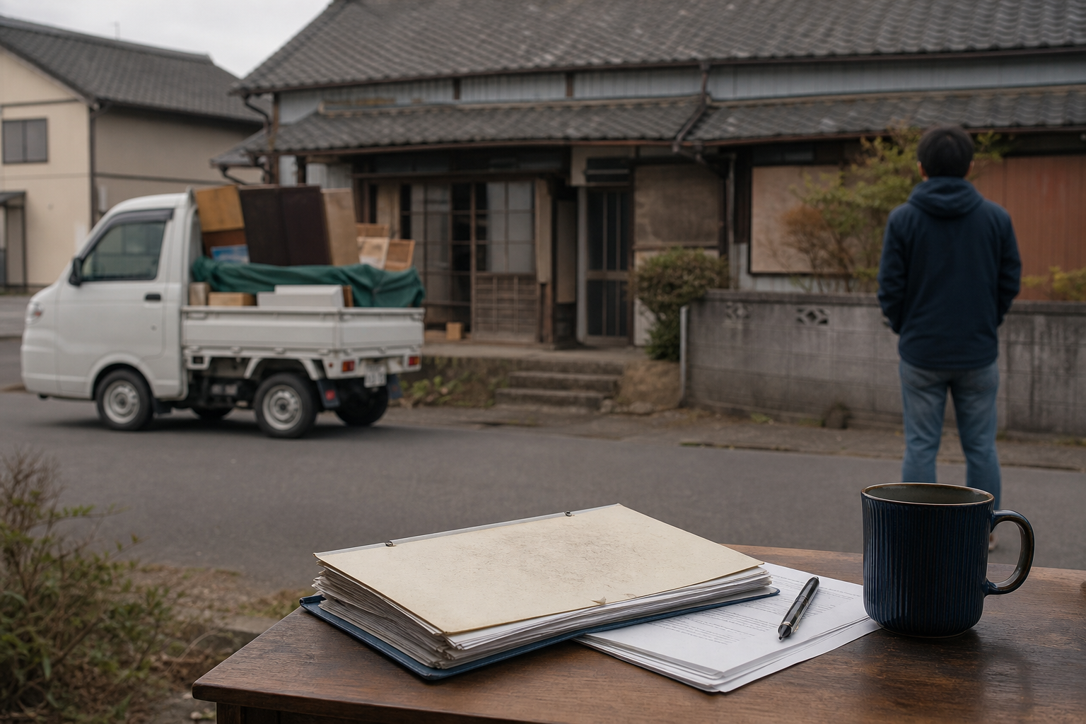 軽トラックで巡回する不用品回収業者と空き家の前で迷う人